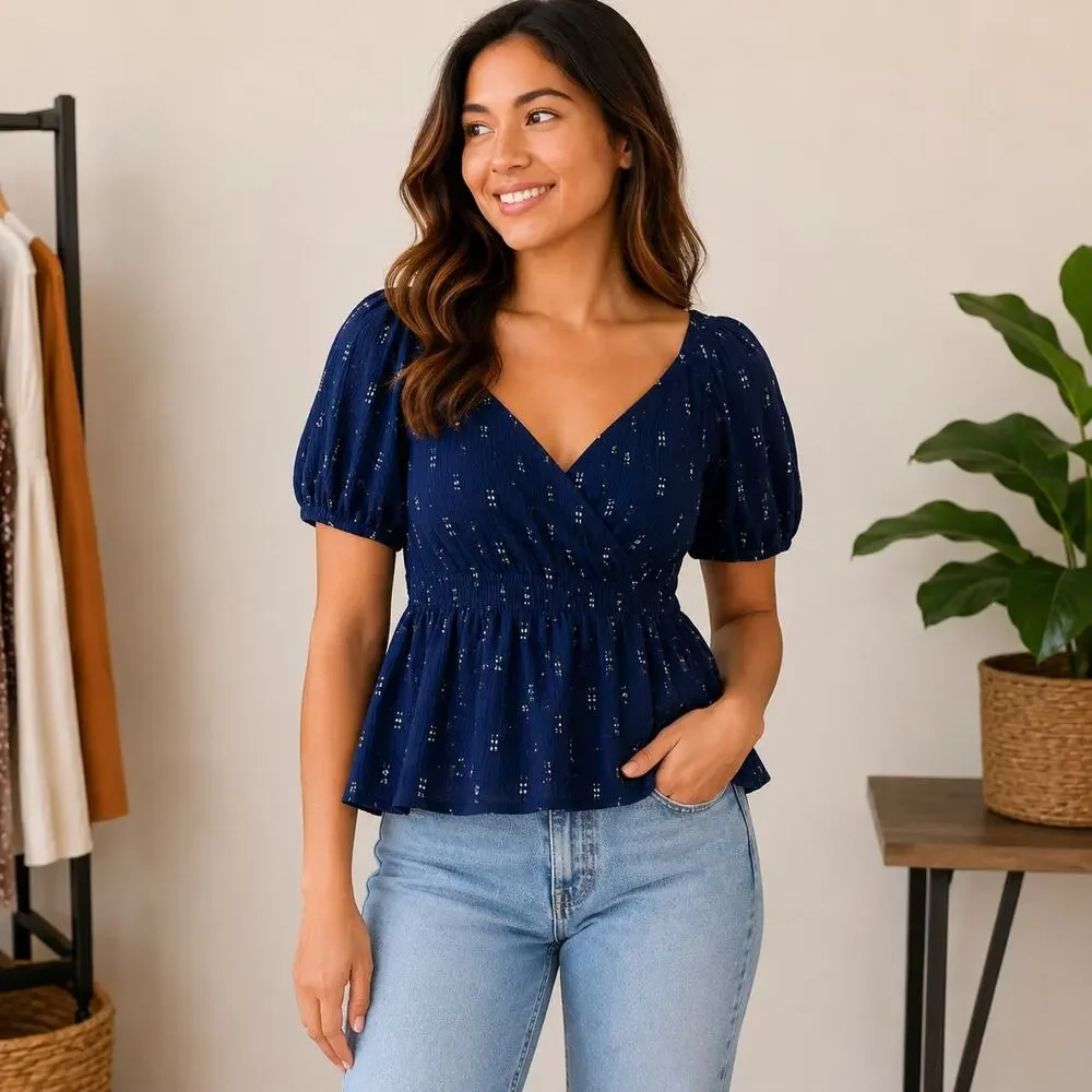 Madewell Navy Embroidered Puff Sleeve Peplum Top Small 100% Cotton